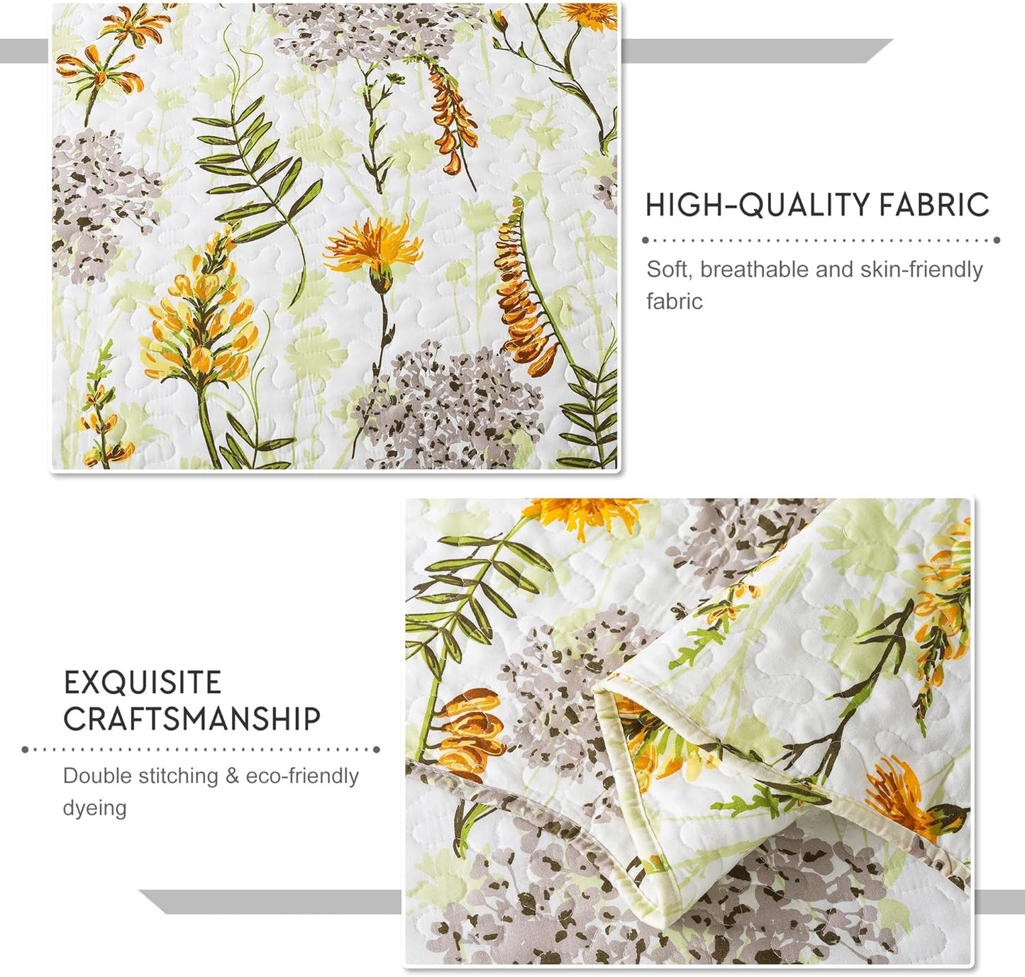 3-Piece Quilt Set Quilted Bedspread Lightweight Reversible Coverlet Set Floral Printed Oversized Quilted Bedding Set with Shams for All Season, Yellow Flower, Queen Size