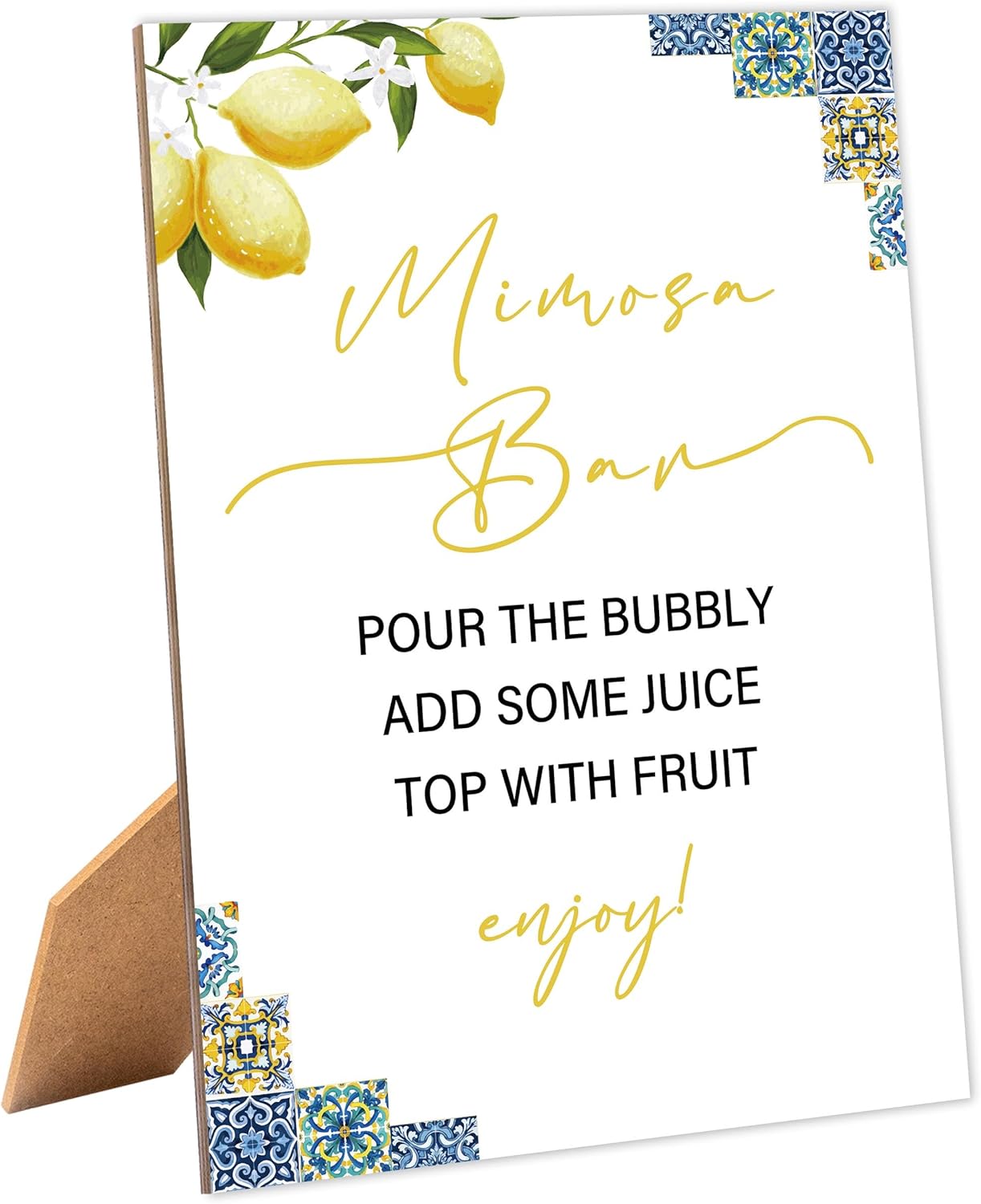 Blue Tiles and Lemons Bridal Shower Mimosa Bar Sign, Table Decor Bridal Shower Sign, Pack of 1 Wooden Tabletop Sign with Stand, Bridal Shower Decorations, Wedding Shower Supplies - XG07AB