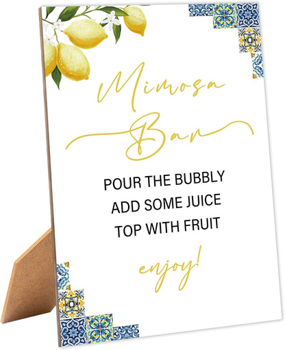 Blue Tiles and Lemons Bridal Shower Mimosa Bar Sign, Table Decor Bridal Shower Sign, Pack of 1 Wooden Tabletop Sign with Stand, Bridal Shower Decorations, Wedding Shower Supplies - XG07AB