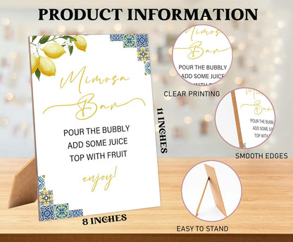 Blue Tiles and Lemons Bridal Shower Mimosa Bar Sign, Table Decor Bridal Shower Sign, Pack of 1 Wooden Tabletop Sign with Stand, Bridal Shower Decorations, Wedding Shower Supplies - XG07AB