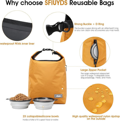 Dog Food Travel Bag 2PCS Collapsible Dog Travel Bowls dog food storage container 20L (Yellow, Large)