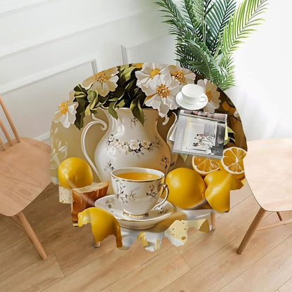 Yellow Lemon & Floral Round Tablecloth 60 Inch,Wavy Lace Edge Waterproof Table Cover Spill Proof Wrinkle Resistant Dining Table Cover for Kitchen Party Wedding Decor