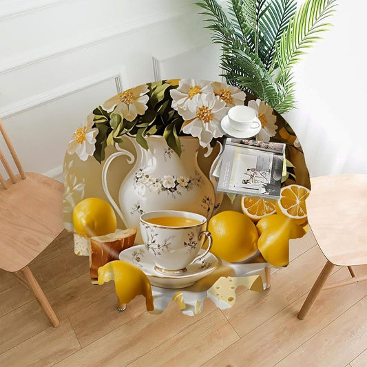 Yellow Lemon & Floral Round Tablecloth 60 Inch,Wavy Lace Edge Waterproof Table Cover Spill Proof Wrinkle Resistant Dining Table Cover for Kitchen Party Wedding Decor