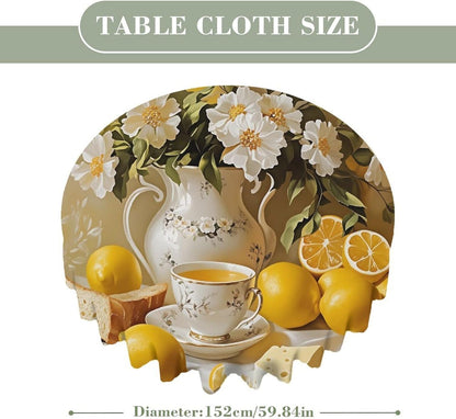 Yellow Lemon & Floral Round Tablecloth 60 Inch,Wavy Lace Edge Waterproof Table Cover Spill Proof Wrinkle Resistant Dining Table Cover for Kitchen Party Wedding Decor