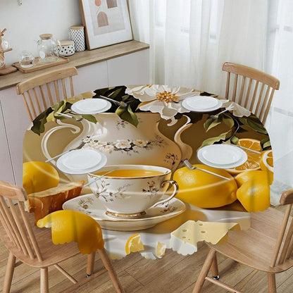 Yellow Lemon & Floral Round Tablecloth 60 Inch,Wavy Lace Edge Waterproof Table Cover Spill Proof Wrinkle Resistant Dining Table Cover for Kitchen Party Wedding Decor