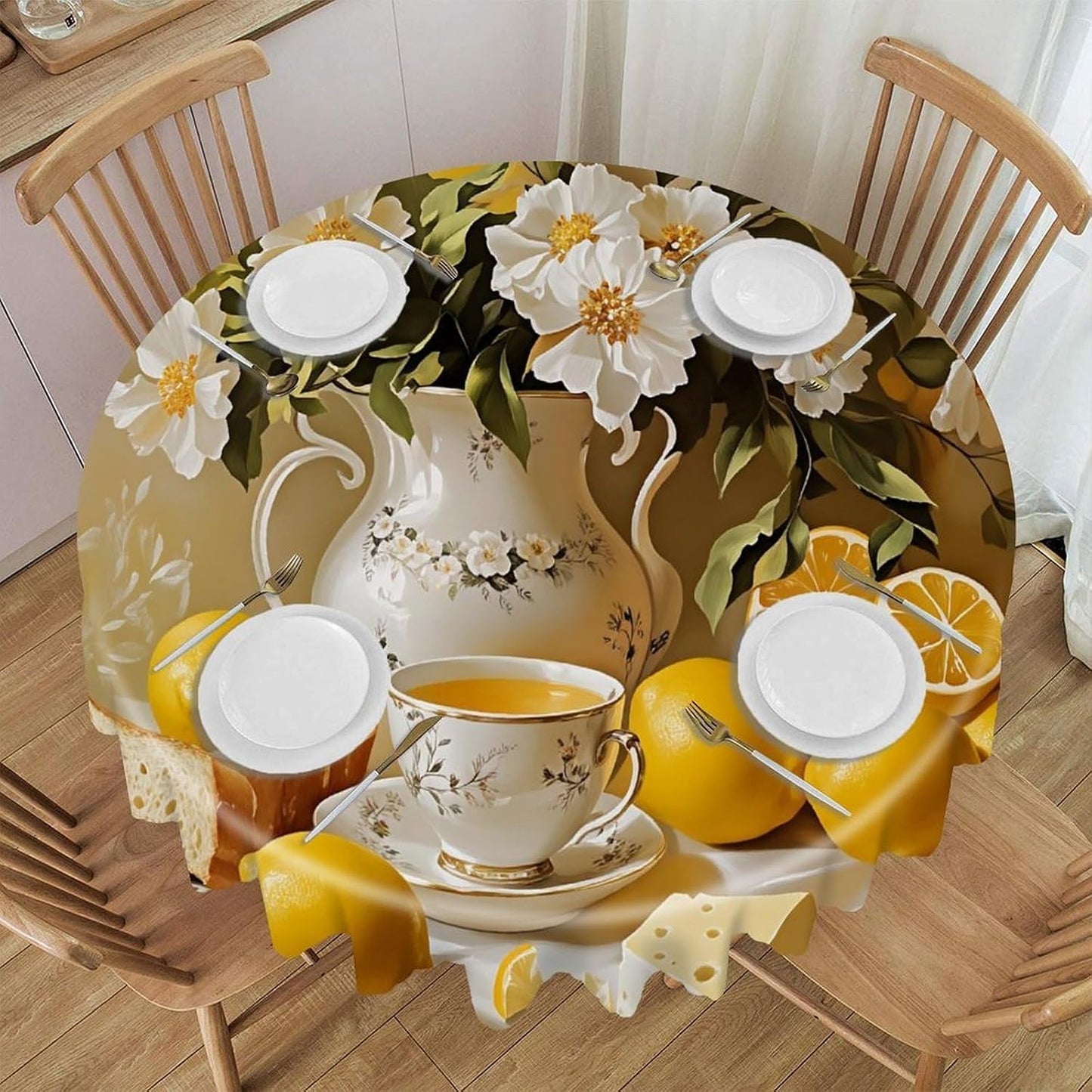 Yellow Lemon & Floral Round Tablecloth 60 Inch,Wavy Lace Edge Waterproof Table Cover Spill Proof Wrinkle Resistant Dining Table Cover for Kitchen Party Wedding Decor