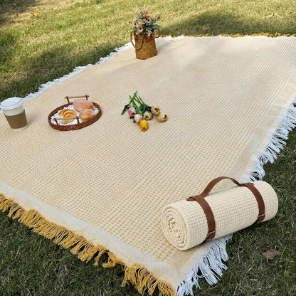 White Picnic Blanket, Extra Large Soft Cotton Gauze Picnic Rug 71"x71", Lightweight Breathable Blanket with Leather Handle, Machine Washable for Beach, Camping, Park, Couples (Yellow)