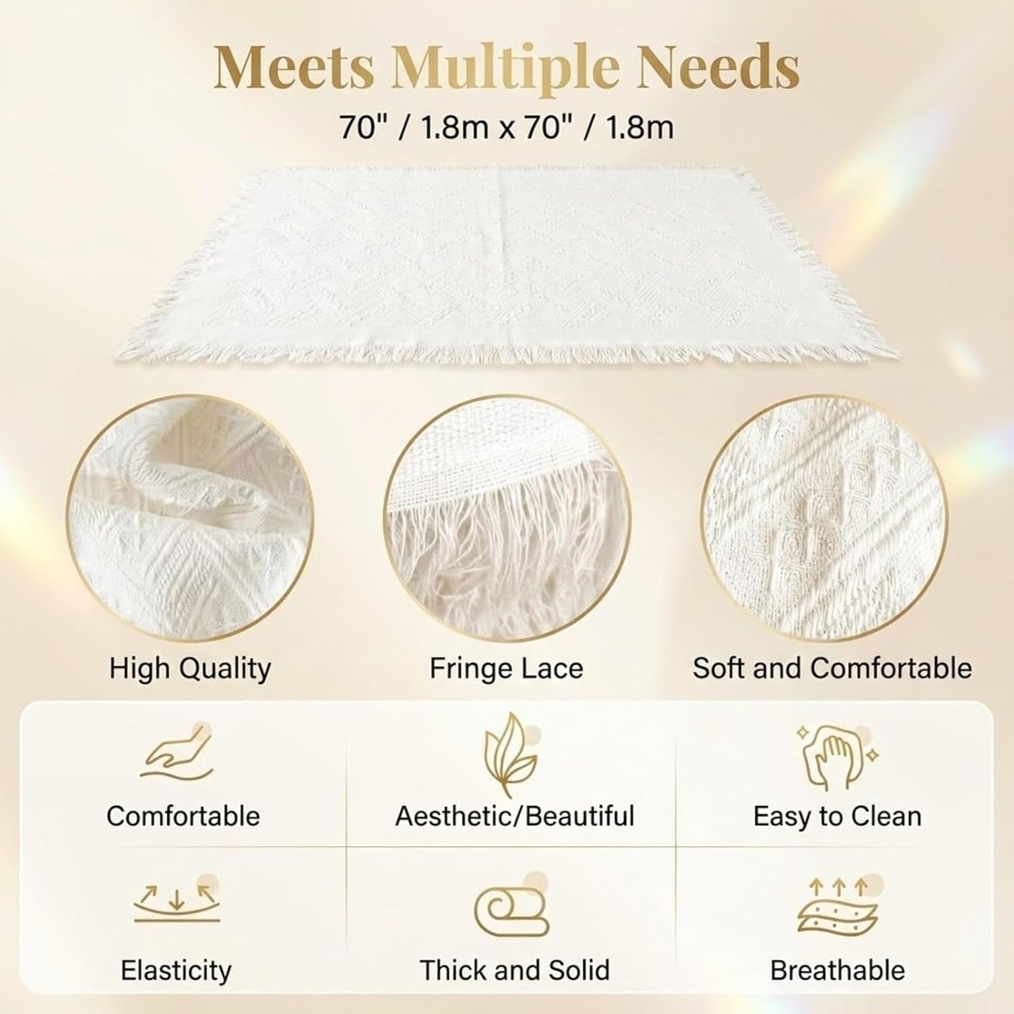 White Picnic Blanket, Extra Large Soft Cotton Gauze Picnic Rug 71"x71", Lightweight Breathable Blanket with Leather Handle, Machine Washable for Beach, Camping, Park, Couples (Yellow)