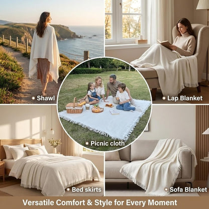 White Picnic Blanket, Extra Large Soft Cotton Gauze Picnic Rug 71"x71", Lightweight Breathable Blanket with Leather Handle, Machine Washable for Beach, Camping, Park, Couples (Yellow)