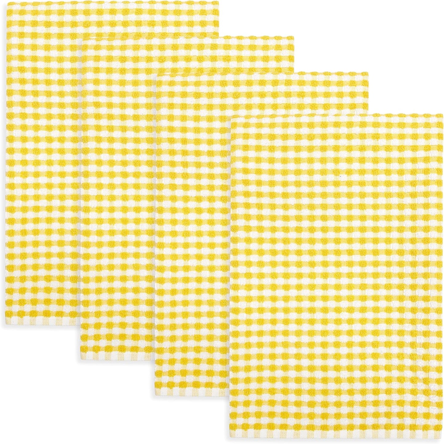 Gingham Check Terrycloth Kitchen Dish Towel Absorbent Large 18 x 28 Inches with Hanging Loop, Set of 4 (Lemon Yellow)