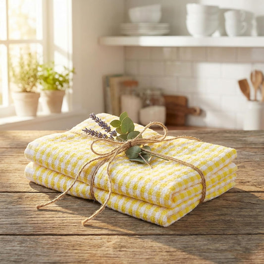 Gingham Check Terrycloth Kitchen Dish Towel Absorbent Large 18 x 28 Inches with Hanging Loop, Set of 4 (Lemon Yellow)