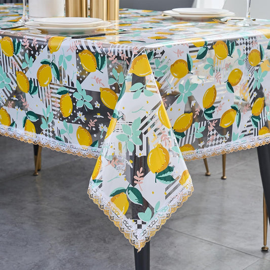 54x84 Rectangle Lemon Pattern Print PVC Tablecloth, Lace Vinyl Tablecloth, Waterproof Oilproof Transparent Decorative Table Cloth for Dining Kitchen Party Home Decoration