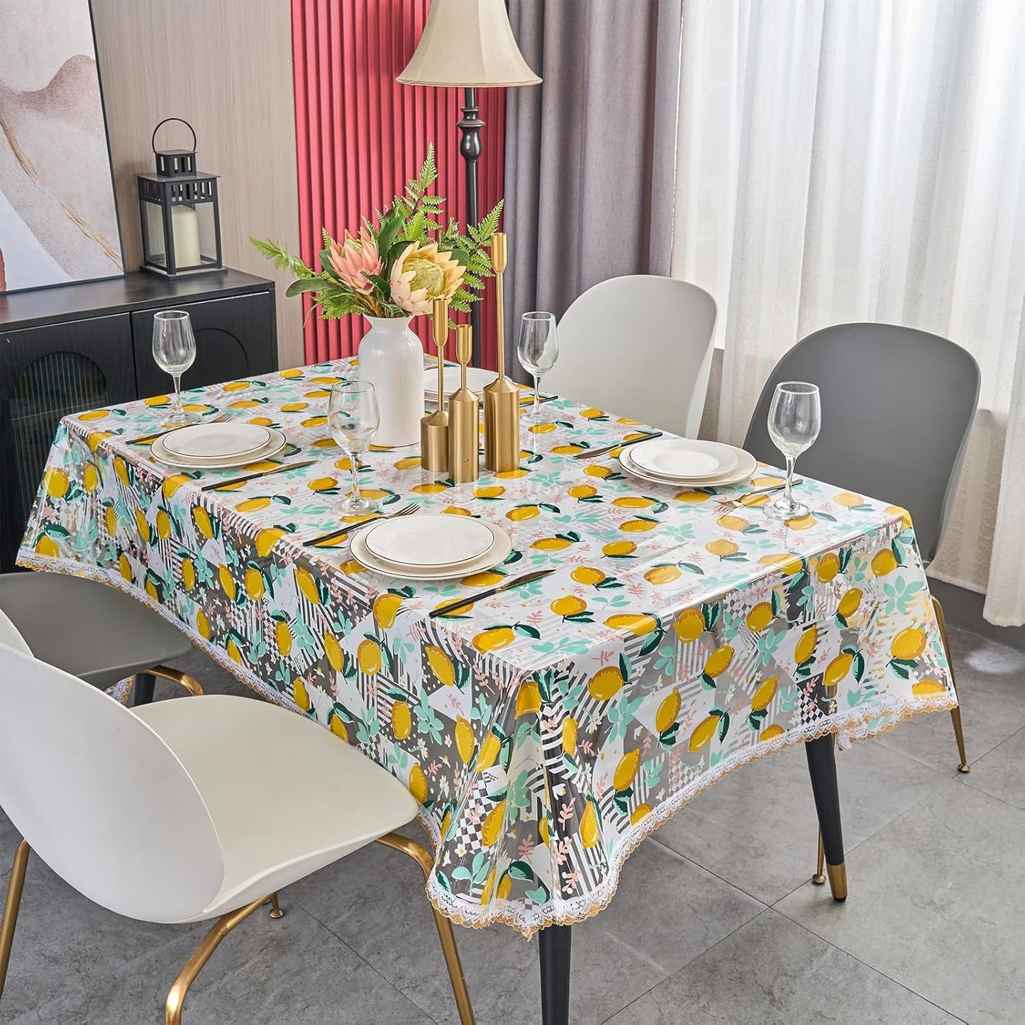 54x84 Rectangle Lemon Pattern Print PVC Tablecloth, Lace Vinyl Tablecloth, Waterproof Oilproof Transparent Decorative Table Cloth for Dining Kitchen Party Home Decoration
