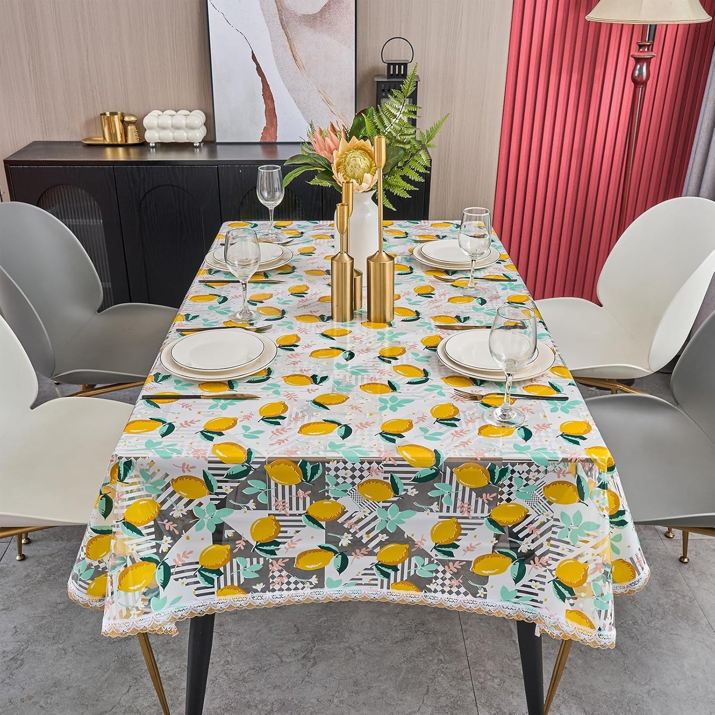 54x84 Rectangle Lemon Pattern Print PVC Tablecloth, Lace Vinyl Tablecloth, Waterproof Oilproof Transparent Decorative Table Cloth for Dining Kitchen Party Home Decoration