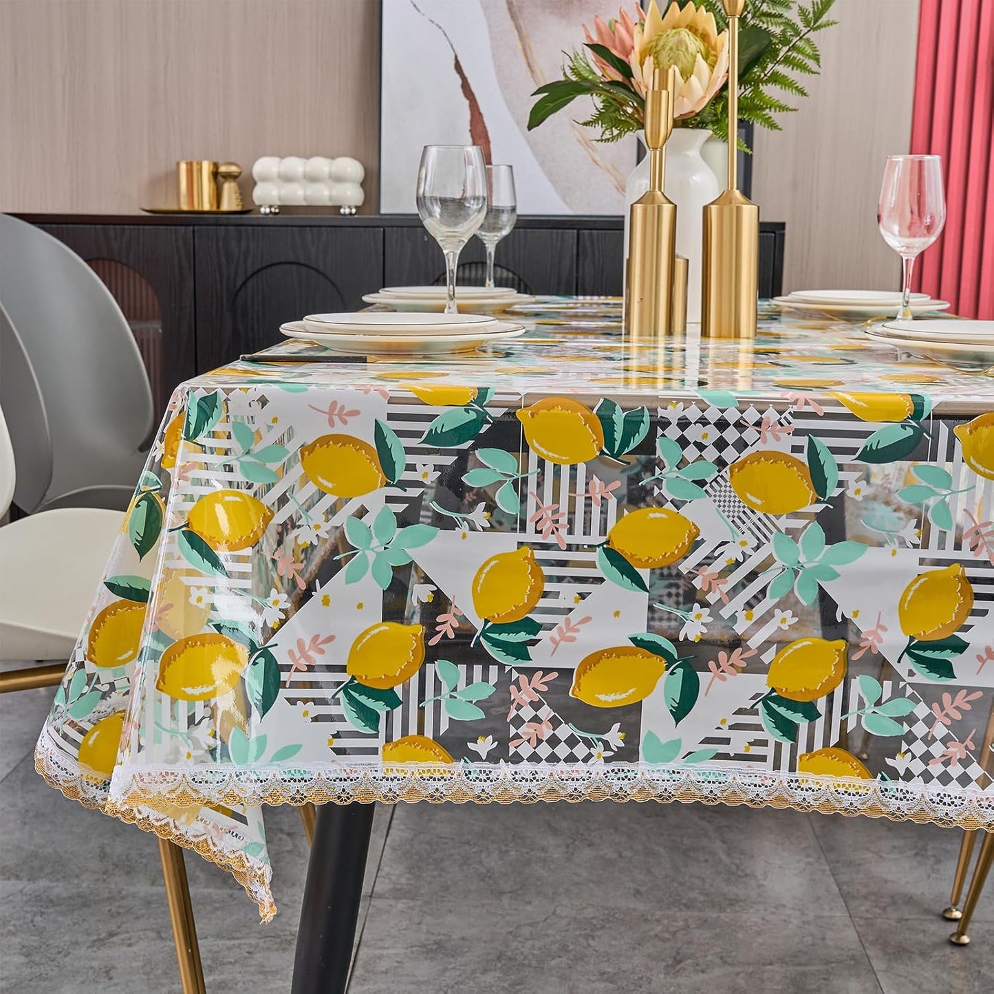 54x84 Rectangle Lemon Pattern Print PVC Tablecloth, Lace Vinyl Tablecloth, Waterproof Oilproof Transparent Decorative Table Cloth for Dining Kitchen Party Home Decoration