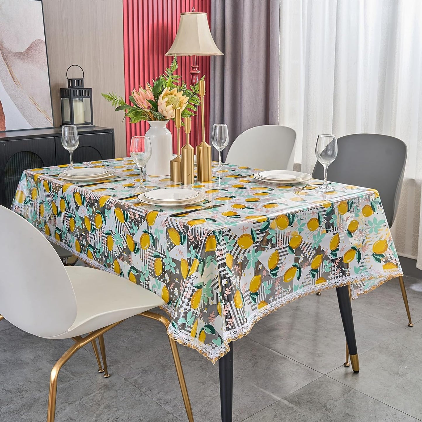 54x84 Rectangle Lemon Pattern Print PVC Tablecloth, Lace Vinyl Tablecloth, Waterproof Oilproof Transparent Decorative Table Cloth for Dining Kitchen Party Home Decoration
