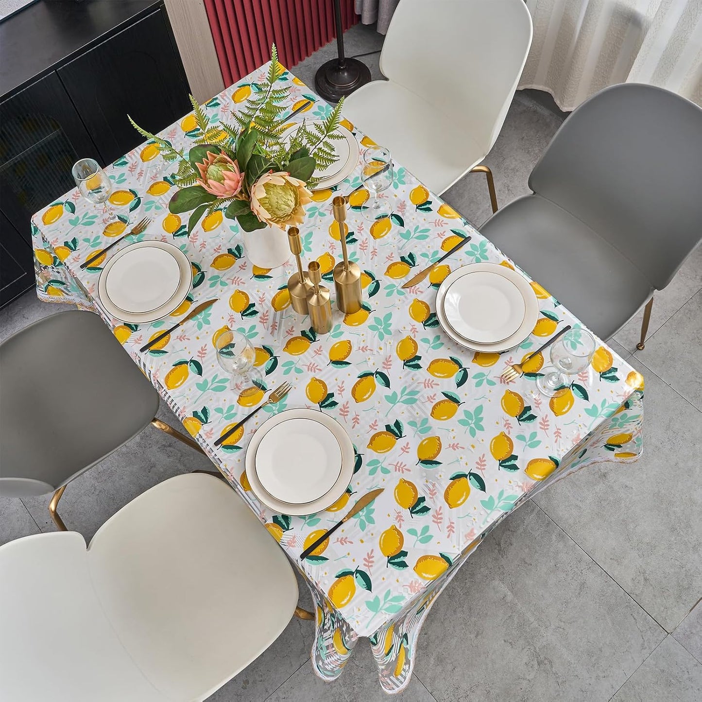 54x84 Rectangle Lemon Pattern Print PVC Tablecloth, Lace Vinyl Tablecloth, Waterproof Oilproof Transparent Decorative Table Cloth for Dining Kitchen Party Home Decoration