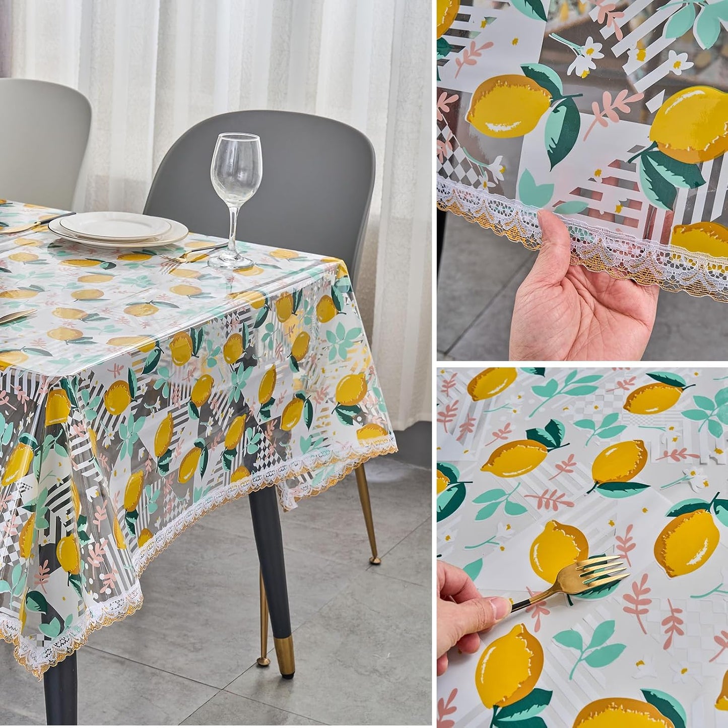 54x84 Rectangle Lemon Pattern Print PVC Tablecloth, Lace Vinyl Tablecloth, Waterproof Oilproof Transparent Decorative Table Cloth for Dining Kitchen Party Home Decoration