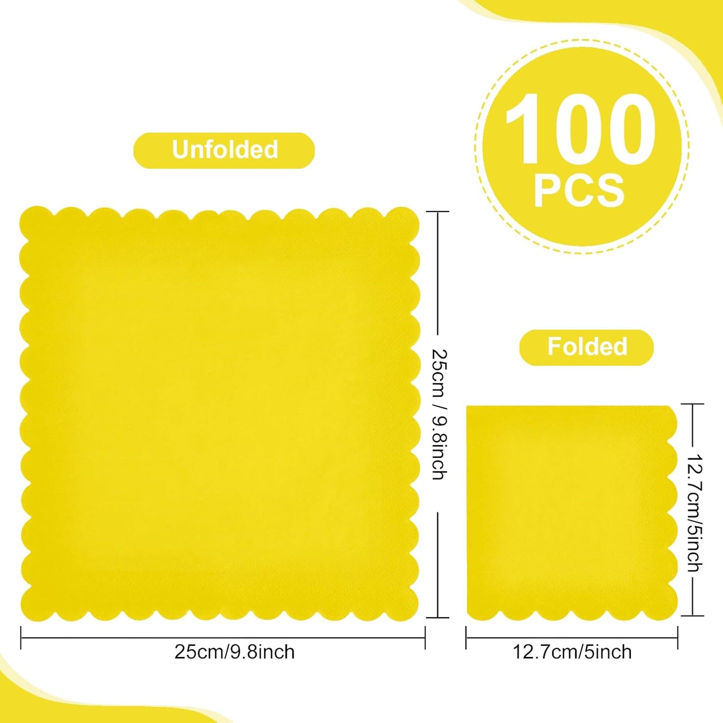 100-Pack Yellow Cocktail Napkins, 5x5 Inch Disposable Scalloped Edge Napkins, 3-Ply Yellow Paper Napkins for Weddings, Birthday, Easter, Mother's Day,Baby Shower, Spring&Summer Party