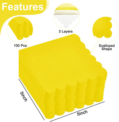 100-Pack Yellow Cocktail Napkins, 5x5 Inch Disposable Scalloped Edge Napkins, 3-Ply Yellow Paper Napkins for Weddings, Birthday, Easter, Mother's Day,Baby Shower, Spring&Summer Party