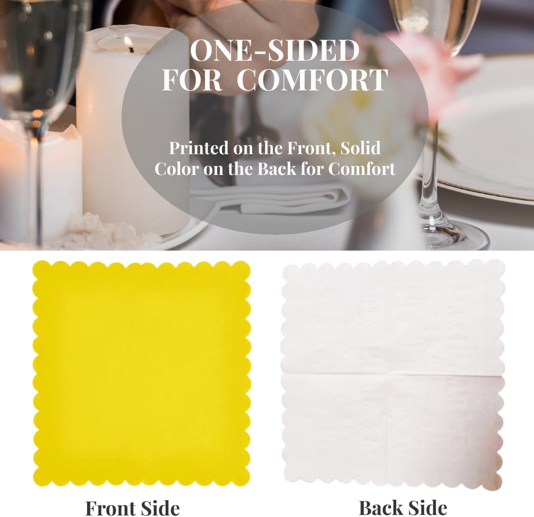 100-Pack Yellow Cocktail Napkins, 5x5 Inch Disposable Scalloped Edge Napkins, 3-Ply Yellow Paper Napkins for Weddings, Birthday, Easter, Mother's Day,Baby Shower, Spring&Summer Party