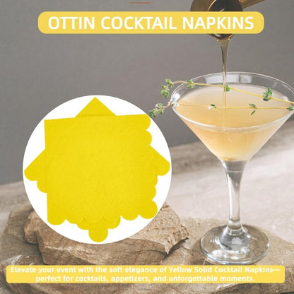 100-Pack Yellow Cocktail Napkins, 5x5 Inch Disposable Scalloped Edge Napkins, 3-Ply Yellow Paper Napkins for Weddings, Birthday, Easter, Mother's Day,Baby Shower, Spring&Summer Party