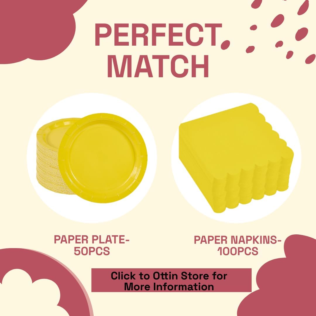 100-Pack Yellow Cocktail Napkins, 5x5 Inch Disposable Scalloped Edge Napkins, 3-Ply Yellow Paper Napkins for Weddings, Birthday, Easter, Mother's Day,Baby Shower, Spring&Summer Party