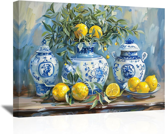 Lemon Wall Art Kitchen Picture Vintage Citrus Fruit Canvas Prints Yellow Lemon with Pottery Blue Classical Painting Rustic Farmhouse Decor Framed (Blue, 12.00" x 18.00")
