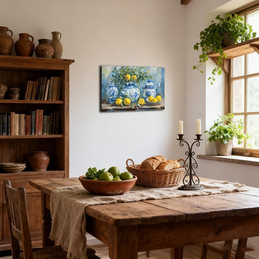Lemon Wall Art Kitchen Picture Vintage Citrus Fruit Canvas Prints Yellow Lemon with Pottery Blue Classical Painting Rustic Farmhouse Decor Framed (Blue, 12.00" x 18.00")