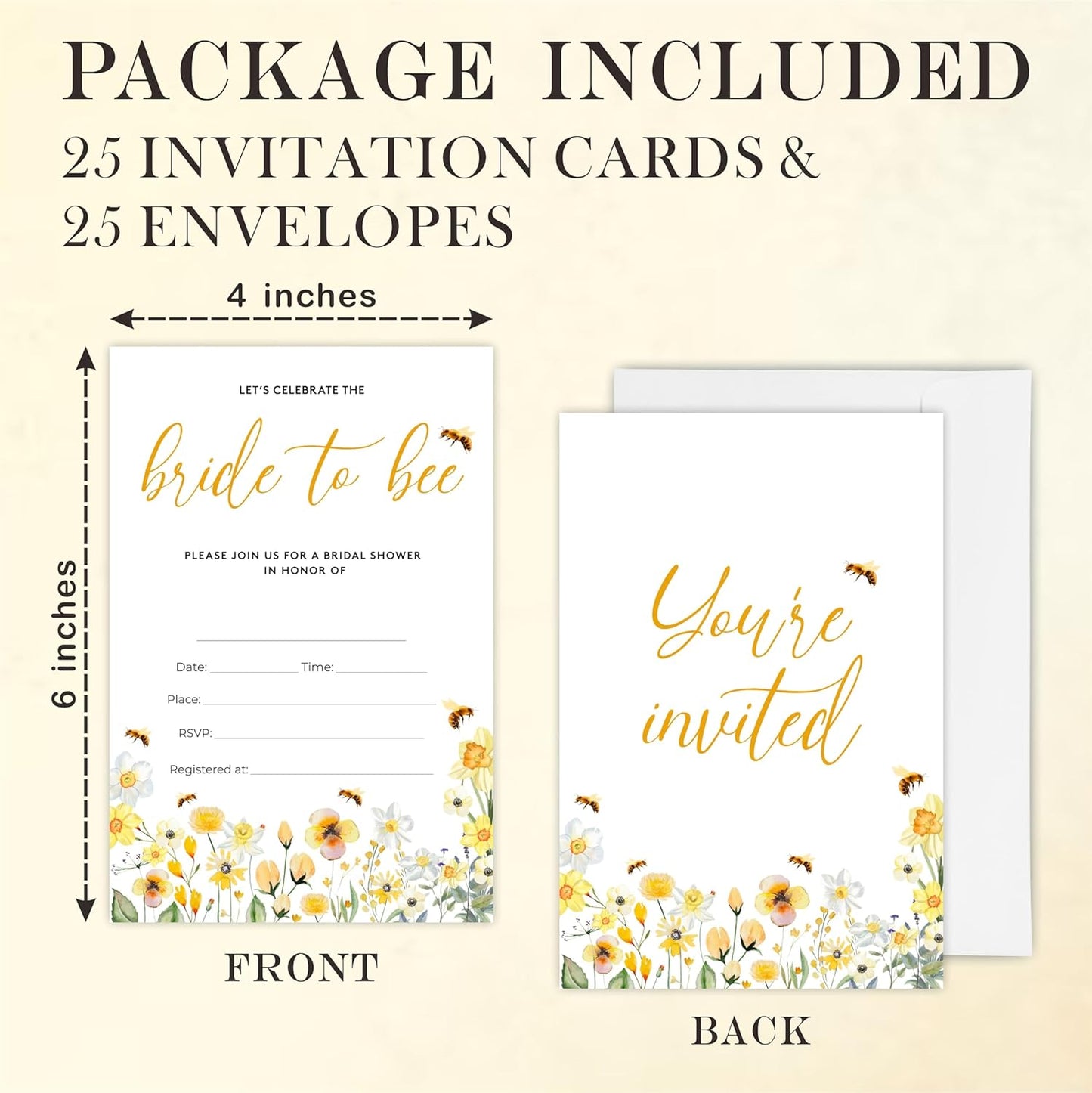 Wildflower Bridal Shower Invitations - Bride To Bee - 4 x 6 Inches Invites (25 Cards & Envelopes) For Wedding Showers, Newlyweds Parties And Receptions - A09