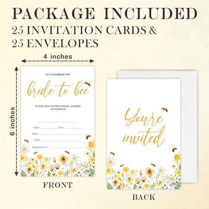 Wildflower Bridal Shower Invitations - Bride To Bee - 4 x 6 Inches Invites (25 Cards & Envelopes) For Wedding Showers, Newlyweds Parties And Receptions - A09