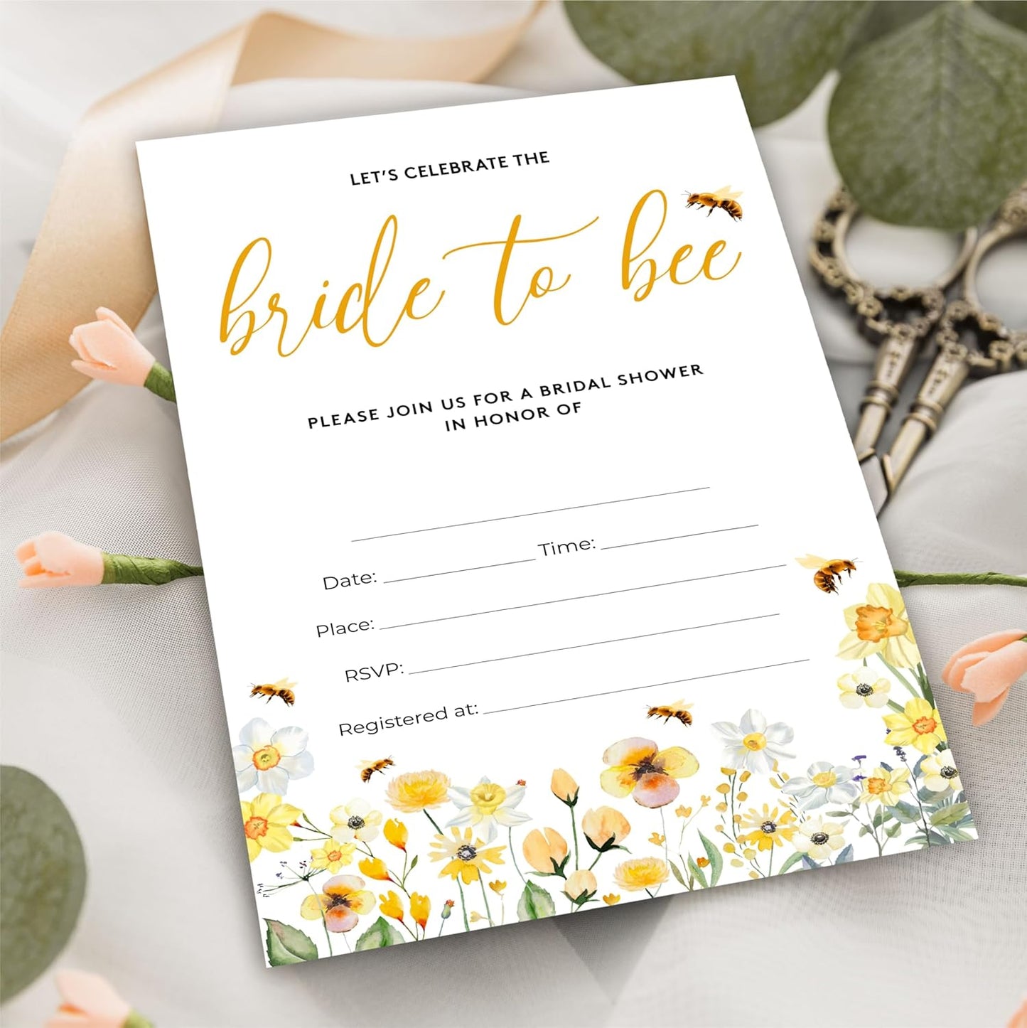 Wildflower Bridal Shower Invitations - Bride To Bee - 4 x 6 Inches Invites (25 Cards & Envelopes) For Wedding Showers, Newlyweds Parties And Receptions - A09