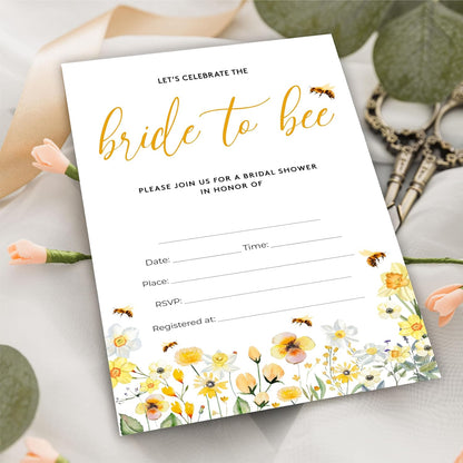 Wildflower Bridal Shower Invitations - Bride To Bee - 4 x 6 Inches Invites (25 Cards & Envelopes) For Wedding Showers, Newlyweds Parties And Receptions - A09