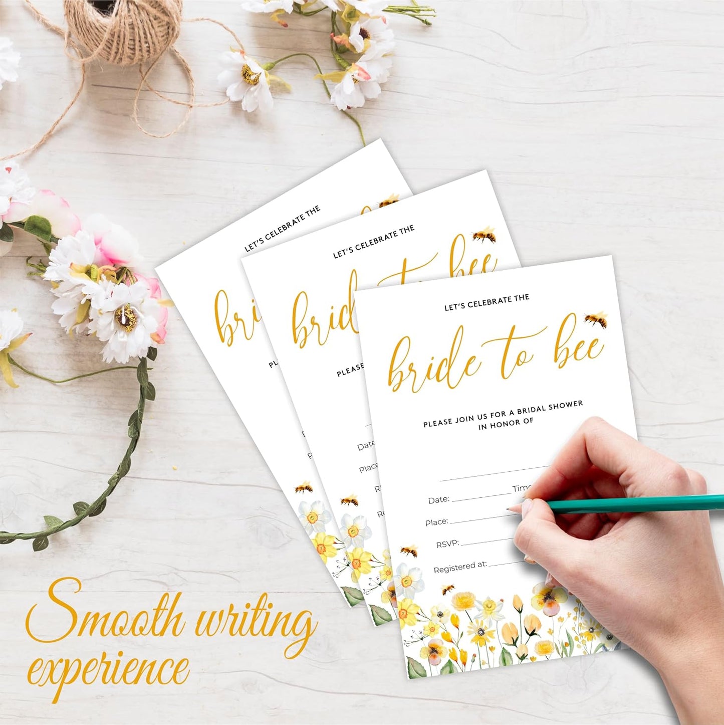 Wildflower Bridal Shower Invitations - Bride To Bee - 4 x 6 Inches Invites (25 Cards & Envelopes) For Wedding Showers, Newlyweds Parties And Receptions - A09