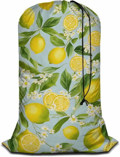 1 Pack Laundry Bag, Lemon Branches Summer Fruits Leaves White Little Flower 28x40 Inches Rips & Tears Resistant Large Dirty Clothes Storage Bag, Heavy Duty Laundry Hamper, Yellow Green