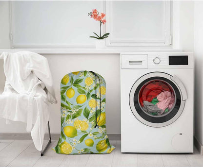 1 Pack Laundry Bag, Lemon Branches Summer Fruits Leaves White Little Flower 28x40 Inches Rips & Tears Resistant Large Dirty Clothes Storage Bag, Heavy Duty Laundry Hamper, Yellow Green
