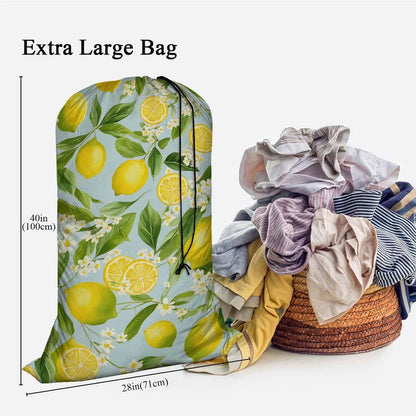 1 Pack Laundry Bag, Lemon Branches Summer Fruits Leaves White Little Flower 28x40 Inches Rips & Tears Resistant Large Dirty Clothes Storage Bag, Heavy Duty Laundry Hamper, Yellow Green