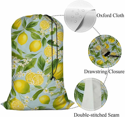 1 Pack Laundry Bag, Lemon Branches Summer Fruits Leaves White Little Flower 28x40 Inches Rips & Tears Resistant Large Dirty Clothes Storage Bag, Heavy Duty Laundry Hamper, Yellow Green