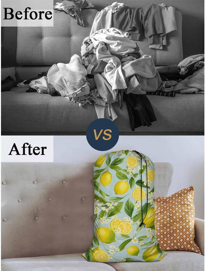 1 Pack Laundry Bag, Lemon Branches Summer Fruits Leaves White Little Flower 28x40 Inches Rips & Tears Resistant Large Dirty Clothes Storage Bag, Heavy Duty Laundry Hamper, Yellow Green