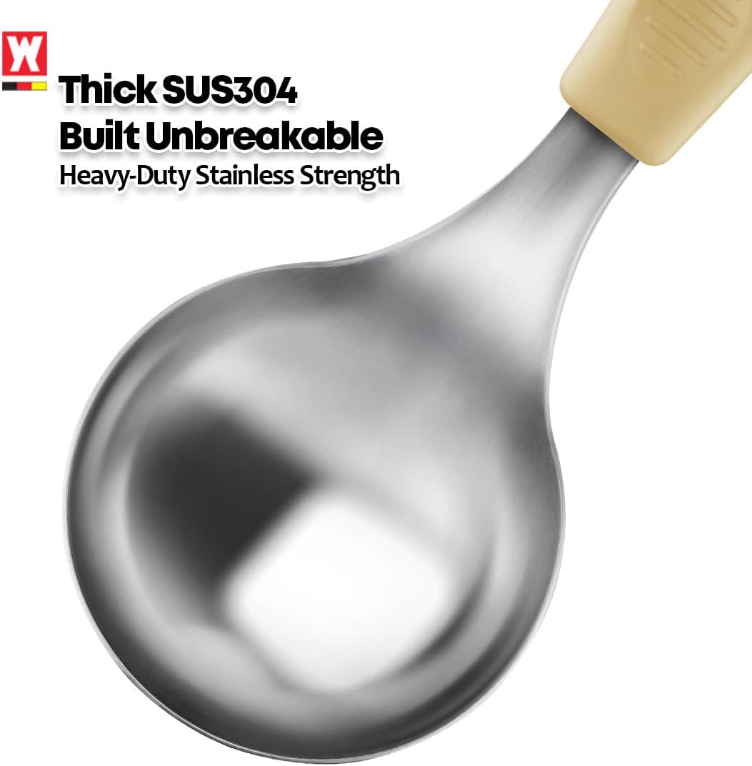 Short Stainless Steel Ladle 220mm (8.6”) – SUS304 Thick Deep Bowl Head with Soft-Grip Silicone Handle – Lightweight Mini Soup & Serving Spoon for Cooking – 5 Color Options (Yellow)