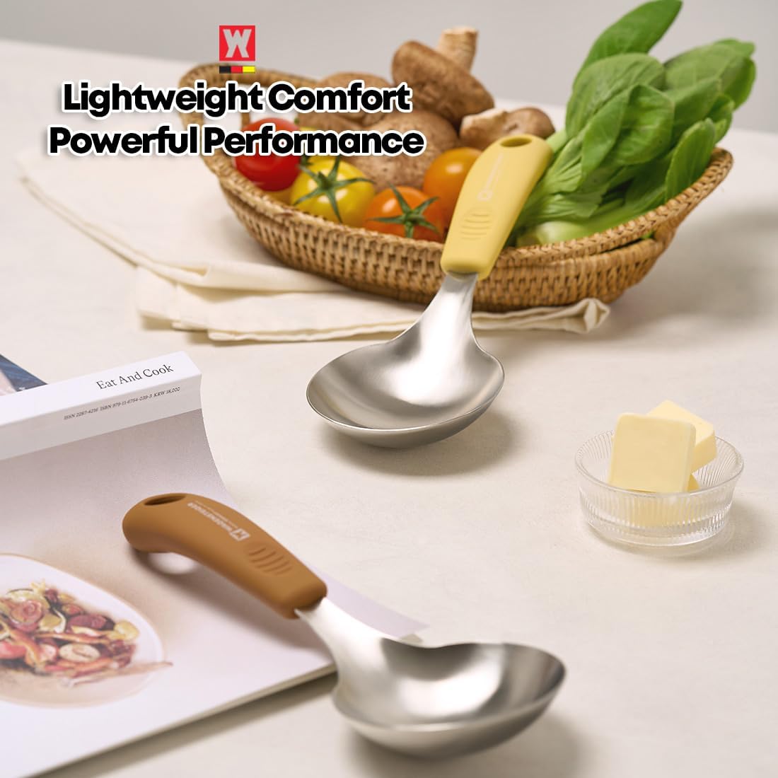Short Stainless Steel Ladle 220mm (8.6”) – SUS304 Thick Deep Bowl Head with Soft-Grip Silicone Handle – Lightweight Mini Soup & Serving Spoon for Cooking – 5 Color Options (Yellow)