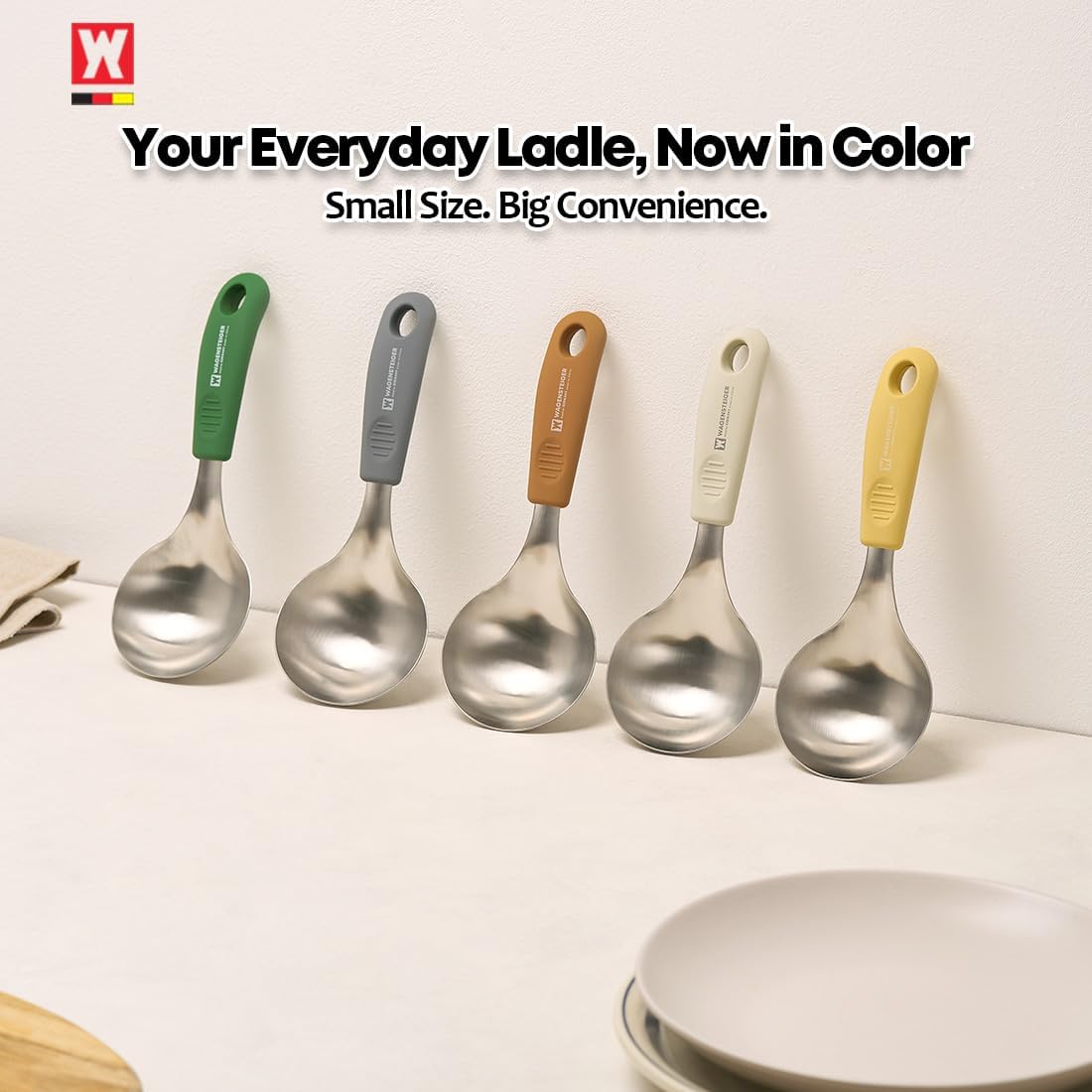 Short Stainless Steel Ladle 220mm (8.6”) – SUS304 Thick Deep Bowl Head with Soft-Grip Silicone Handle – Lightweight Mini Soup & Serving Spoon for Cooking – 5 Color Options (Yellow)