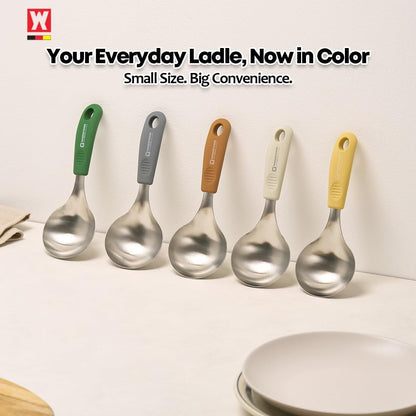Short Stainless Steel Ladle 220mm (8.6”) – SUS304 Thick Deep Bowl Head with Soft-Grip Silicone Handle – Lightweight Mini Soup & Serving Spoon for Cooking – 5 Color Options (Yellow)