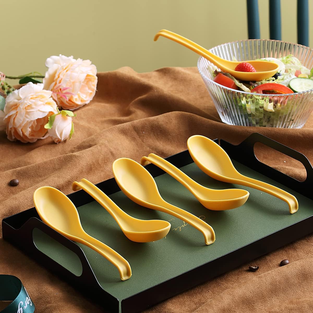 Soup Spoon, ECO Friendly Dinner Spoon,Made of Food Grade PP, BPA Free,Easy Clean,Dishwasher Safe Set of 12(Gold Yellow)