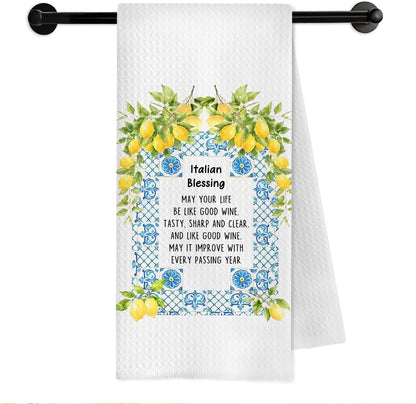 Italian Blessing Lemon Kitchen Towels, Italian Gifts for Women Dish Tea Towels, Mediterranean Tiles Lemon Botanical Decorative Hand Towel for Bathroom Kitchen, 16x24 Inch