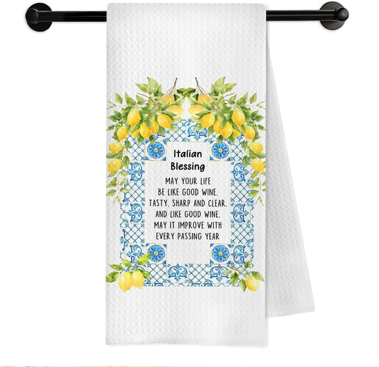 Italian Blessing Lemon Kitchen Towels, Italian Gifts for Women Dish Tea Towels, Mediterranean Tiles Lemon Botanical Decorative Hand Towel for Bathroom Kitchen, 16x24 Inch