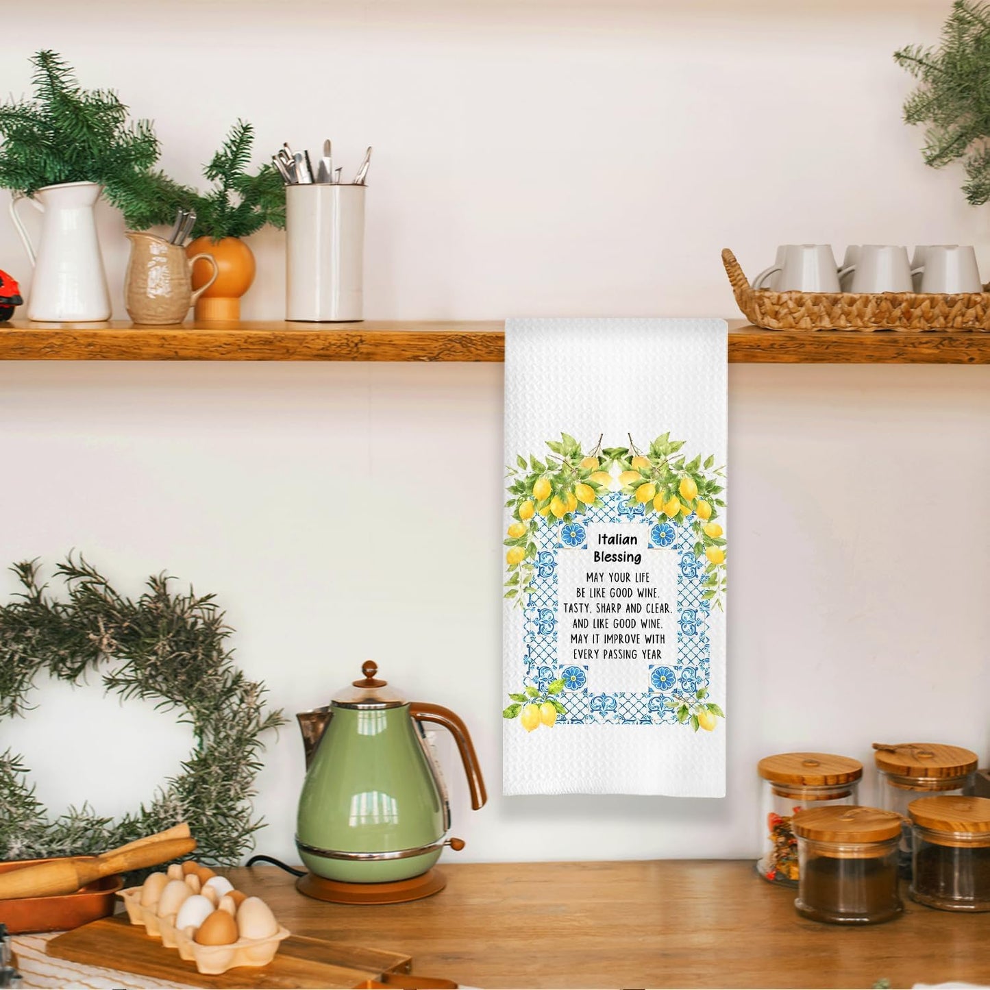 Italian Blessing Lemon Kitchen Towels, Italian Gifts for Women Dish Tea Towels, Mediterranean Tiles Lemon Botanical Decorative Hand Towel for Bathroom Kitchen, 16x24 Inch
