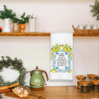 Italian Blessing Lemon Kitchen Towels, Italian Gifts for Women Dish Tea Towels, Mediterranean Tiles Lemon Botanical Decorative Hand Towel for Bathroom Kitchen, 16x24 Inch