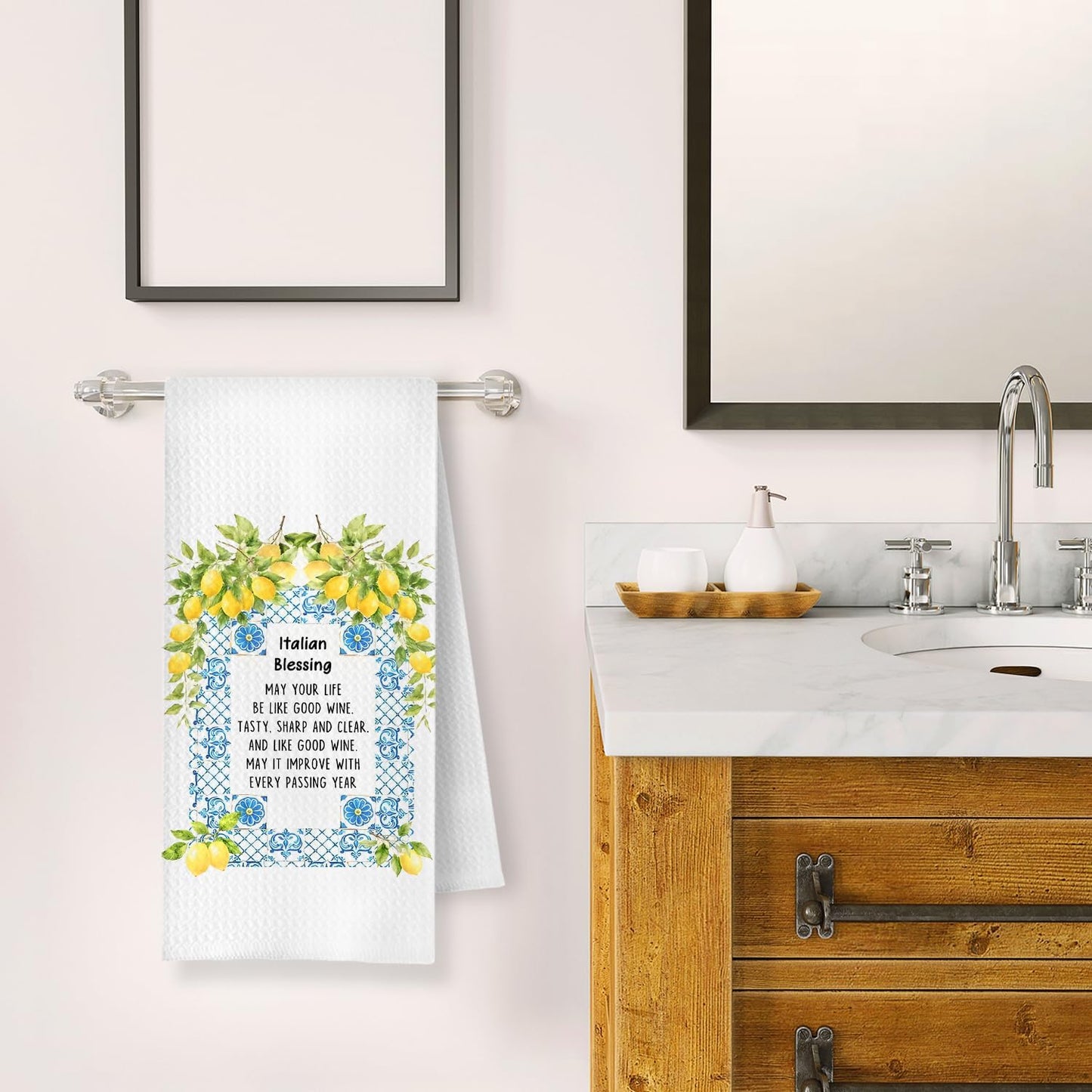Italian Blessing Lemon Kitchen Towels, Italian Gifts for Women Dish Tea Towels, Mediterranean Tiles Lemon Botanical Decorative Hand Towel for Bathroom Kitchen, 16x24 Inch