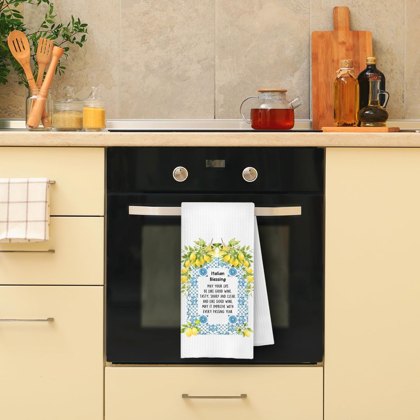 Italian Blessing Lemon Kitchen Towels, Italian Gifts for Women Dish Tea Towels, Mediterranean Tiles Lemon Botanical Decorative Hand Towel for Bathroom Kitchen, 16x24 Inch